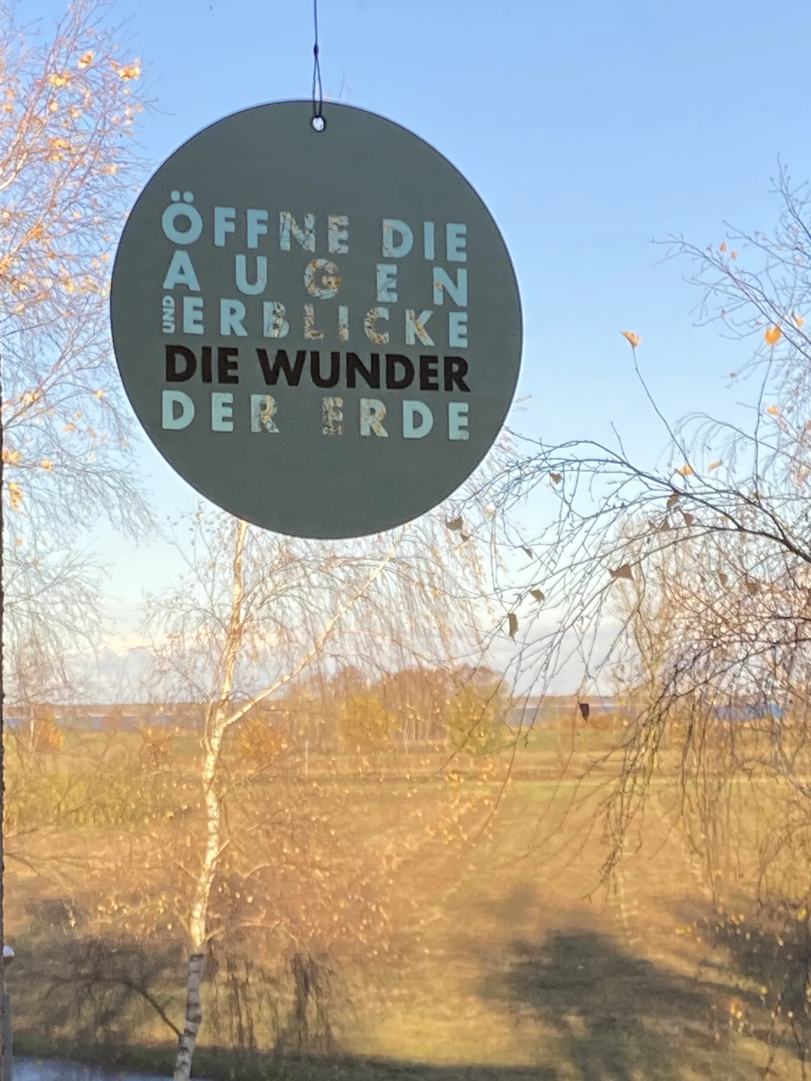 Anhänger mit Spruch vor einer herbstlichen Wiese am Bodden
