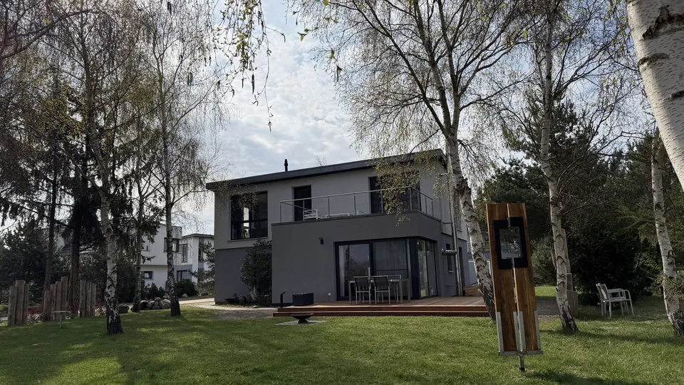 Das Ferienhaus Darsskieker im Garten zwischen hohen Birken, davor die Terrasse